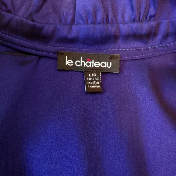 Le Chateau Y2k royal blue irridescent chrome ruffle wrap dress shirt. Size L - Picture 9 of 13